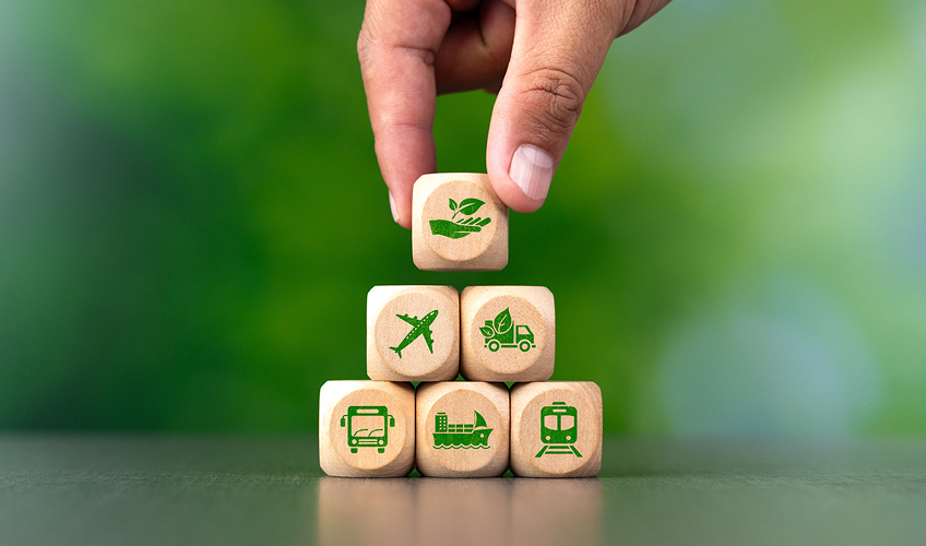 stacked dice with different transportation mode drawings instead of numbers